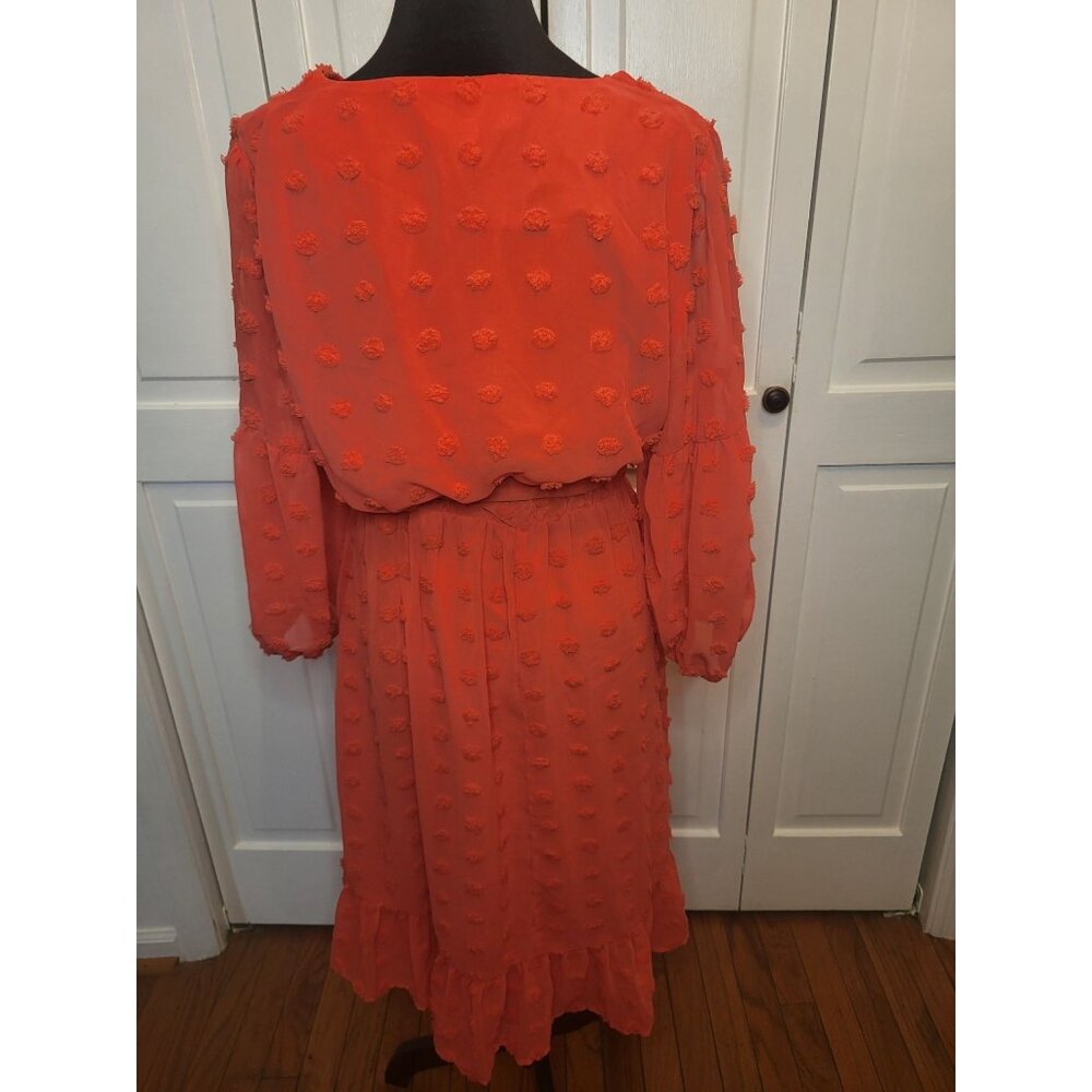 Coral Sheer Clip Dot Tiered Midi Dress Elastic Waist Cato L Boho Spring Easter - Picture 2 of 7